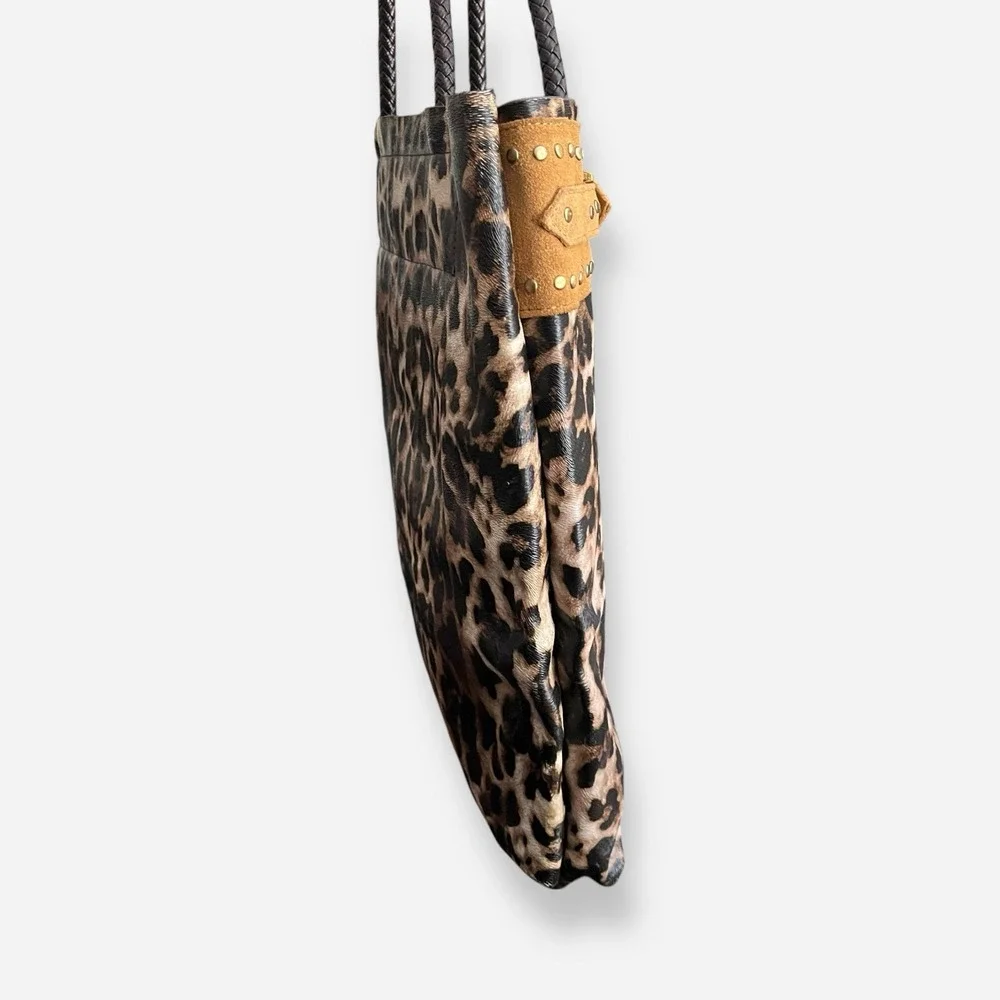 LIONEL Leopard Bag Faux Leather Suede Trim‎ Studded Braided Handles Western